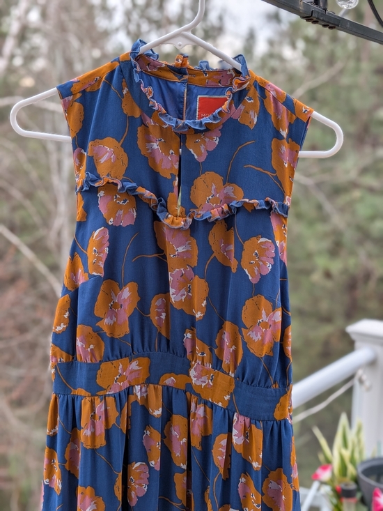 Modcloth Dresses & Skirts - Modcloth Blue Floral Ruffle Neck Midi Dress with Orange & Pink Accent Flowers.